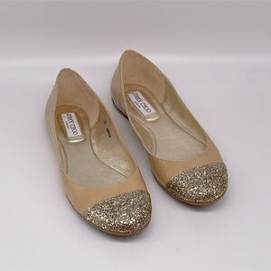 JIMMY CHOO PATENT LEATHER GLITTER ACCENT FLATS
